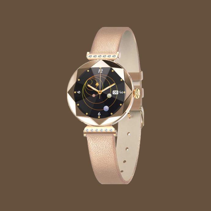 here is brown background with beige watch with crystals