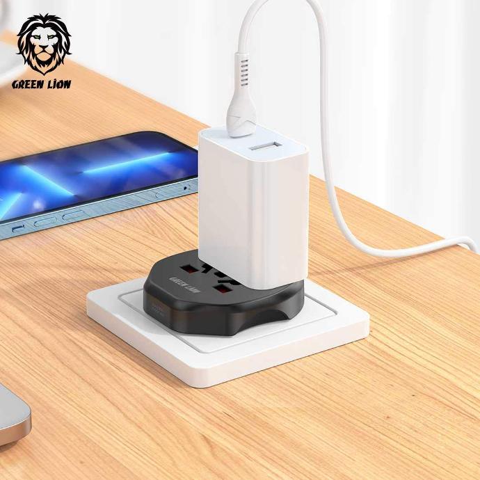 alt=" Conversion EU Plug that charging a phone on wood desk