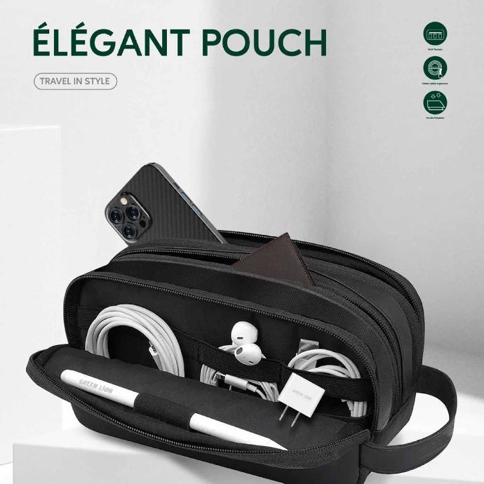 alt=" Elegant  black that Pouch that there is handsfree, phone,pen and ... in it