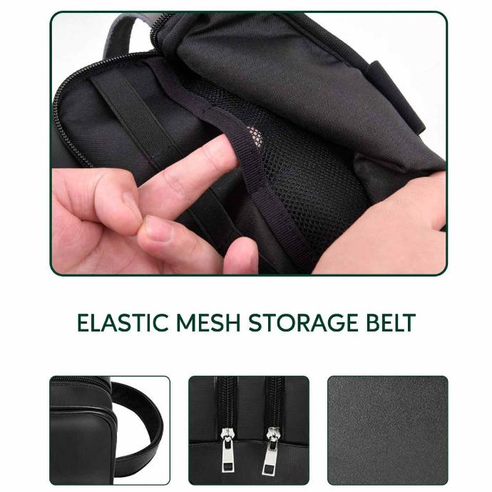 alt="there is the details of this pounch with storage belt and elastic mesh"