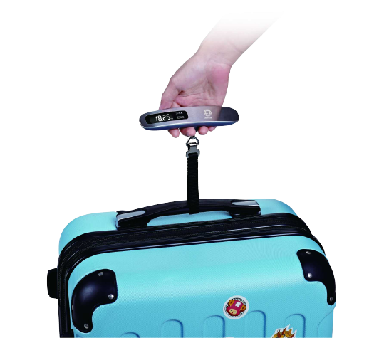 alt="man holding luggage scale and showing weight"