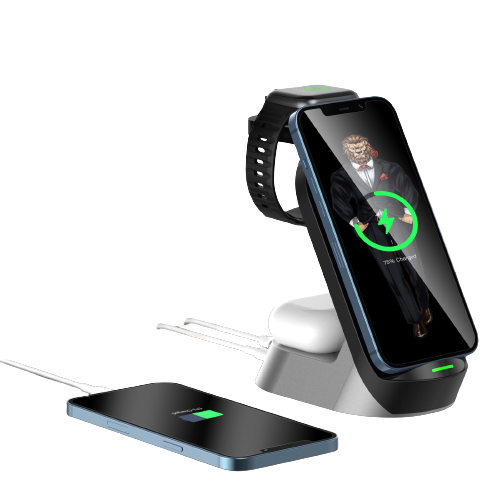 alt="smartphone, earbuds, and smartwatch charging wirelessly and other smartphone charging through cable"