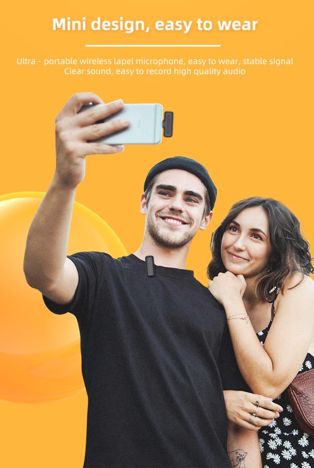 alt="A man and a woman taking selfies with their smart phone. Portable wireless microphone on their smartphone"