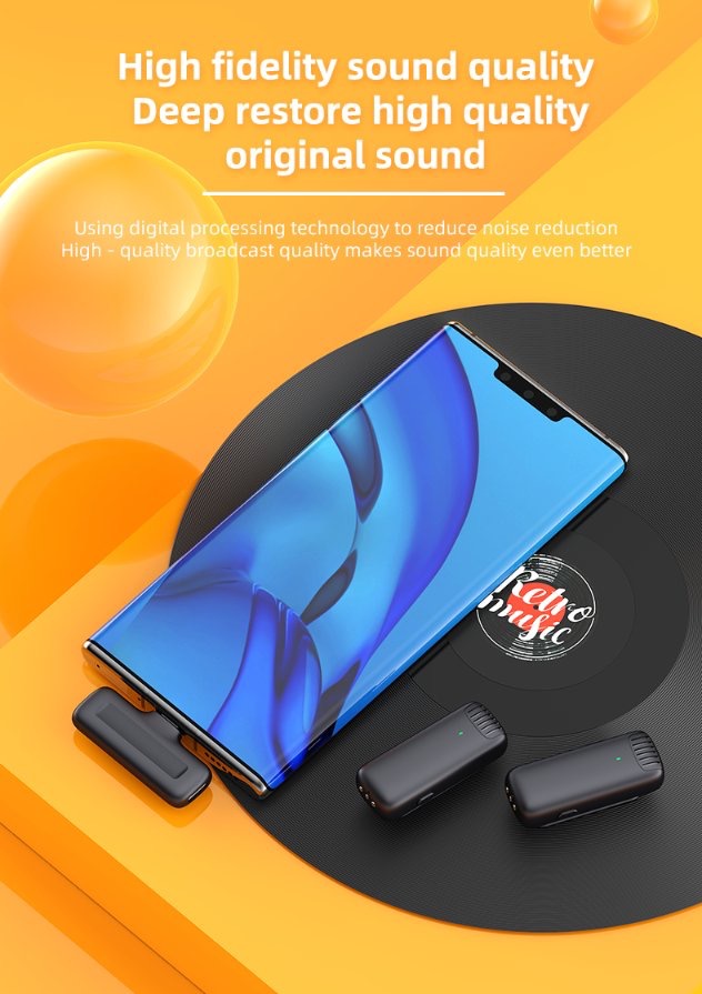 alt="A 2 in 1 Lion Wireless Microphone ported in the smartphone with orange background"