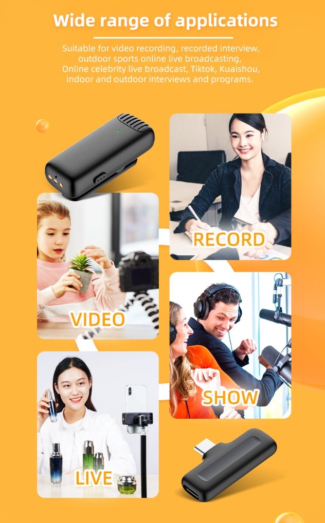 alt="A 2 in 1 Lion Wireless Microphone tagged by Wide range of applications showing different people using the 2 in 1 Lion Wireless Microphone in different cases"