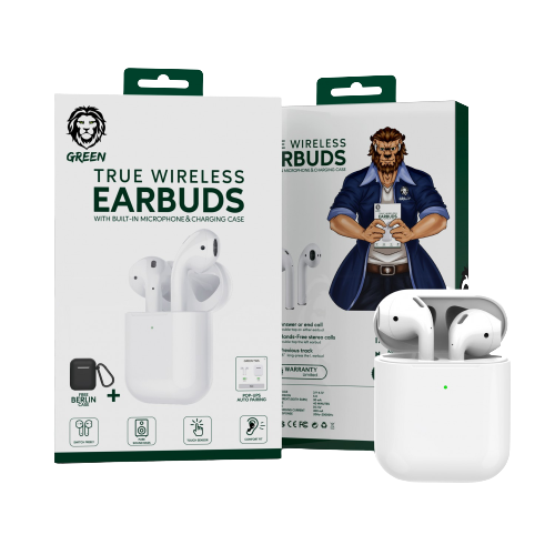 alt="Full packaging of white Wireless Bluetooth Earbuds"