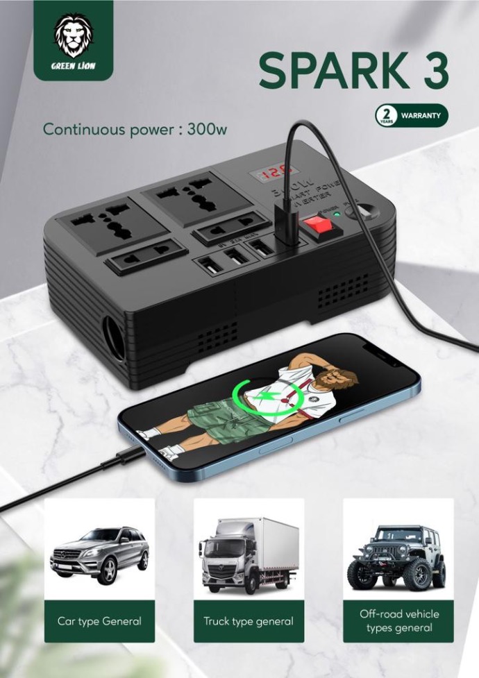 alt="a Smartphone plugged in Power Inverter 300W tagged by SPARK 3"