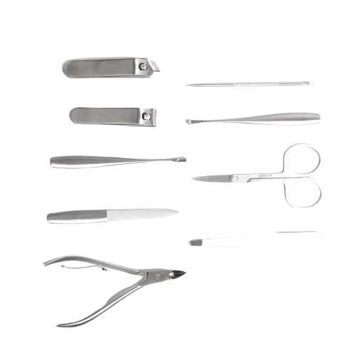 alt="all materials for beauty kit such as scissors, nail cutter, nail files"