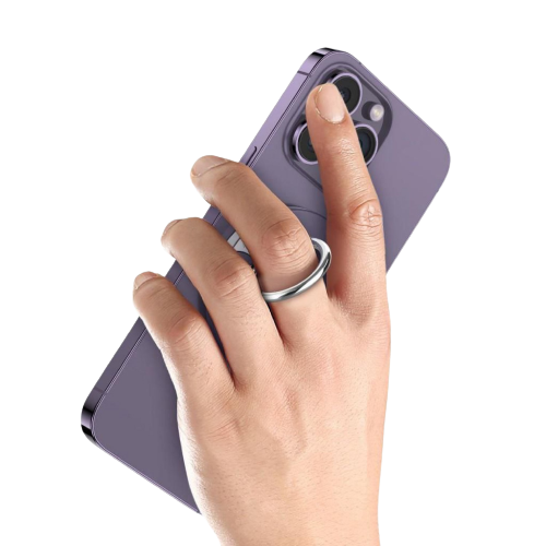 alt="Magnetic Ring Buckle on iPhone. A man holding the iPhone by his hands and finger on the buckle "