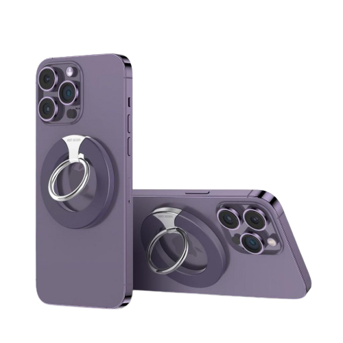 alt="Two iPhones with purple cover on back side. one horizontally and the other vertically. Magnetic Ring Buckle on the iPhones "