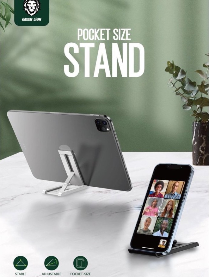 alt="A Pocket Size Stand on a desk holding a smartphone and another holding a tablet"