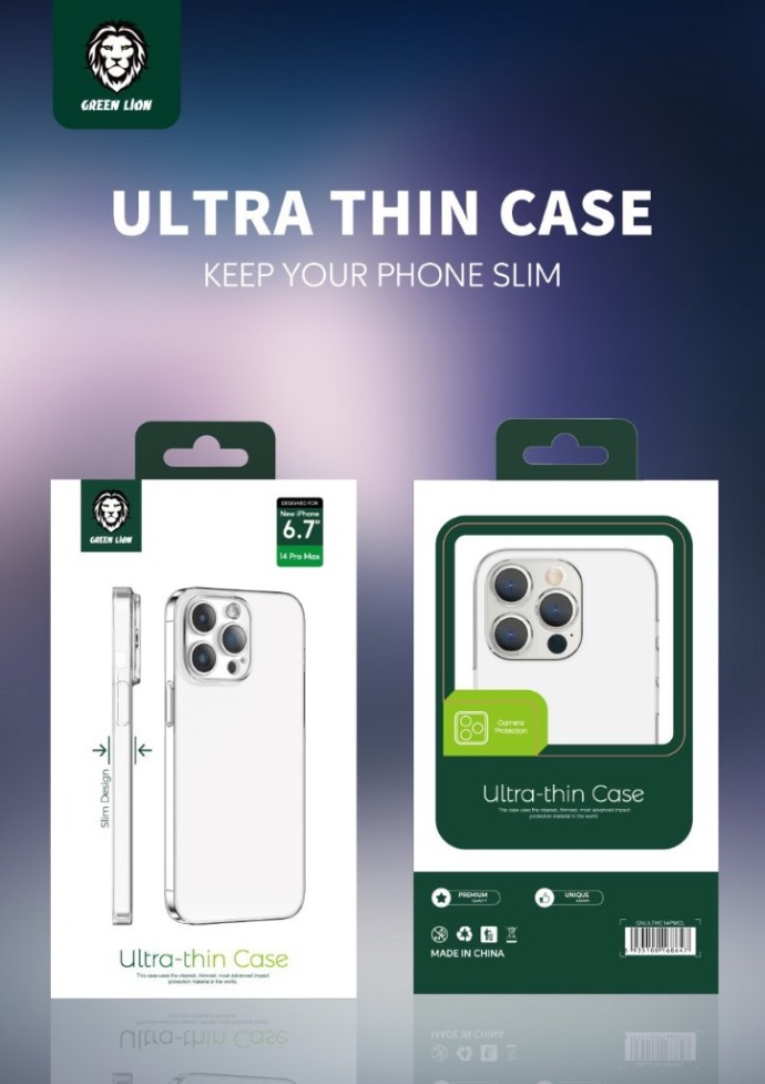 alt="Two sides of full packaging of ULTRA THIN CASE with GREEN LION logo "
