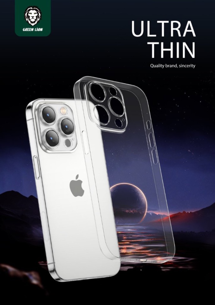 alt="Green Lion logo labeled by ULTRA THIN CASE ,showing a clear iPhone case matching with iPhone 14 pro max with night moon background"