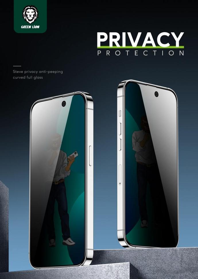 alt="Two devices with shining screens. Labeled by PRIVACY PROTECTION and GREEN LION logo"