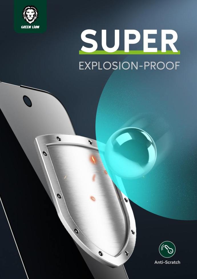 alt="Big blue bubble with shield protecting the smart phone . Labeled on top by SUPER EXPLOSION-PROOF with GREEN LION logo"