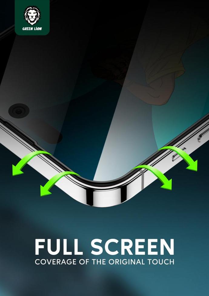 alt="A smart phone edge with clear screen and green arrows on out. Labeled by FULL SCREEN COVERAGE OF THE ORIGINAL TOUCH"