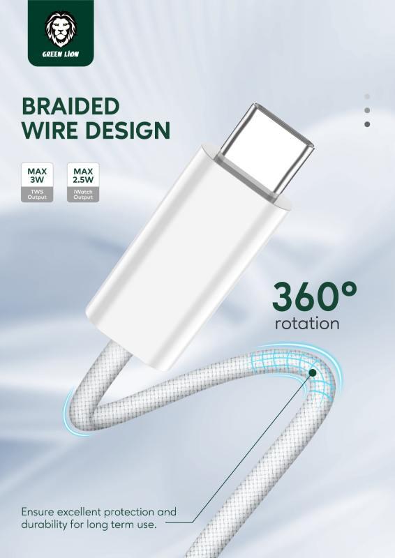 alt="Braided Wire Design showing 360 degree rotation and flexibility. GREEN LION logo on top"