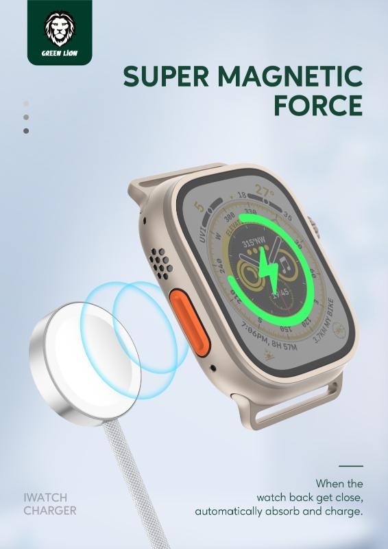 alt="A smart watch on top of magnetic charger cable labeled by SUPER MAGNETIC FORCE with GREEN LION logo on top "