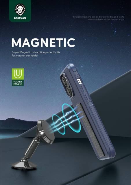 alt="An iPhone Magnetic wrist band on the magnetic holder showing the power of it with blue hole. Tagged with MAGNETIC by Green Lion brand "