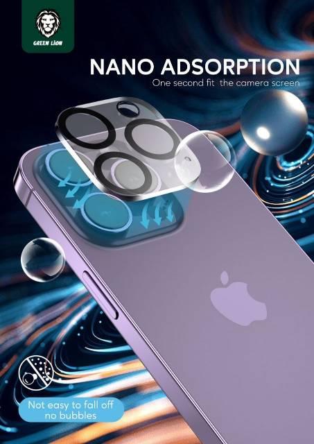 alt="An iPhone Camera Lense matching with Transparent Lense from GREEN LION. Showing the easy fit. Labeled by NANO ADSORPTION "