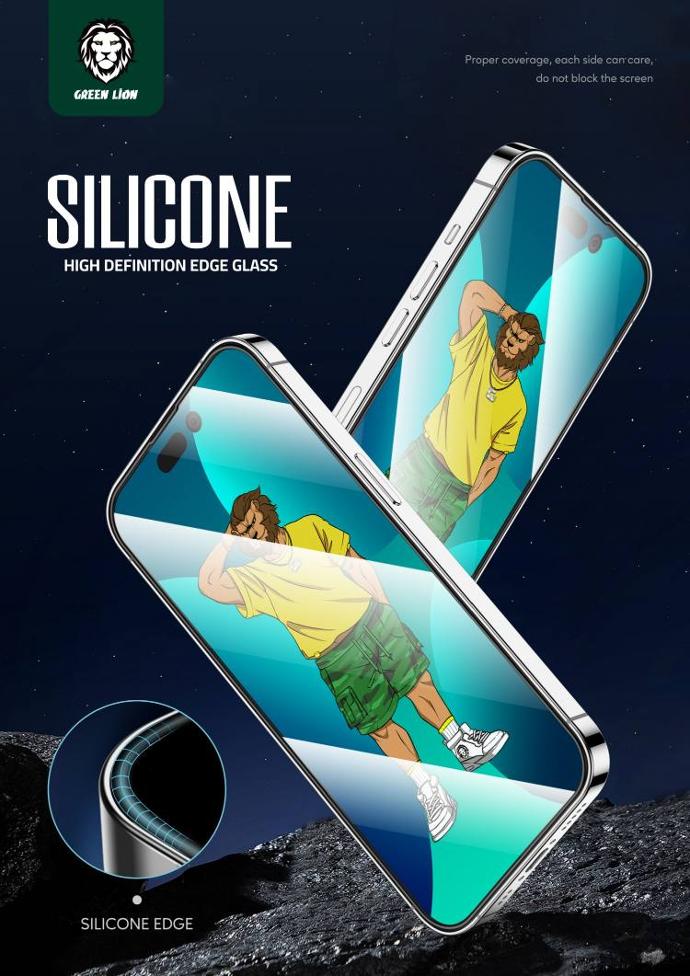 alt="Two iPhones rotated showing the 3D Silicone HD Glass Screen Protector"