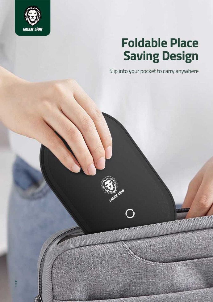 alt="A woman holding the Foldable Bracket Wireless Charger bag and putting inside of her bag"