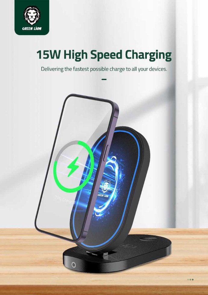 alt="A Foldable Bracket Wireless Charger on a brown table, with blue highlights on the phone cover Infront of it "