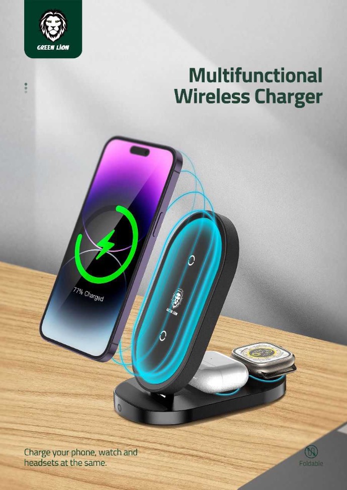 alt="A Wireless Charger on brown table, with blue highlights sending on the smartphone in front of it"