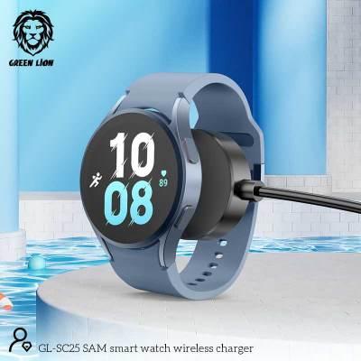 alt="A blue smartwatch charging with Wireless Watch Charger, with blue backgournd "