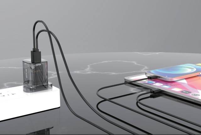 alt="A Transparent Wall Charger UK on the power source, charging devices"