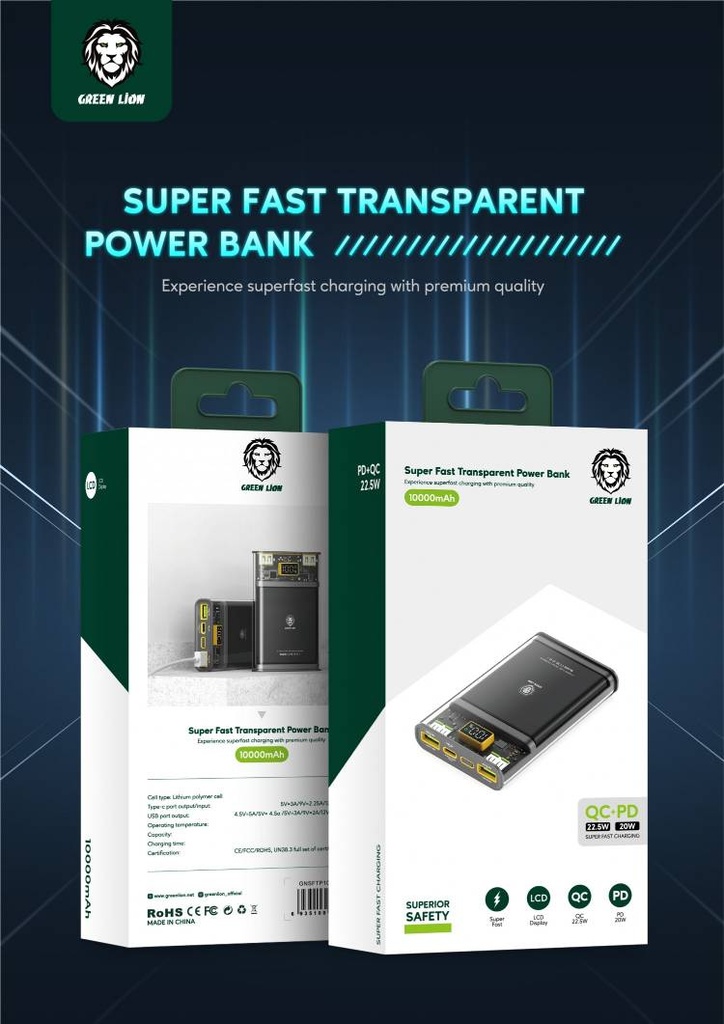 Green Super Fast Transparent Power Bank 10000mAh ( QC 22.5W + PD 20W ) 