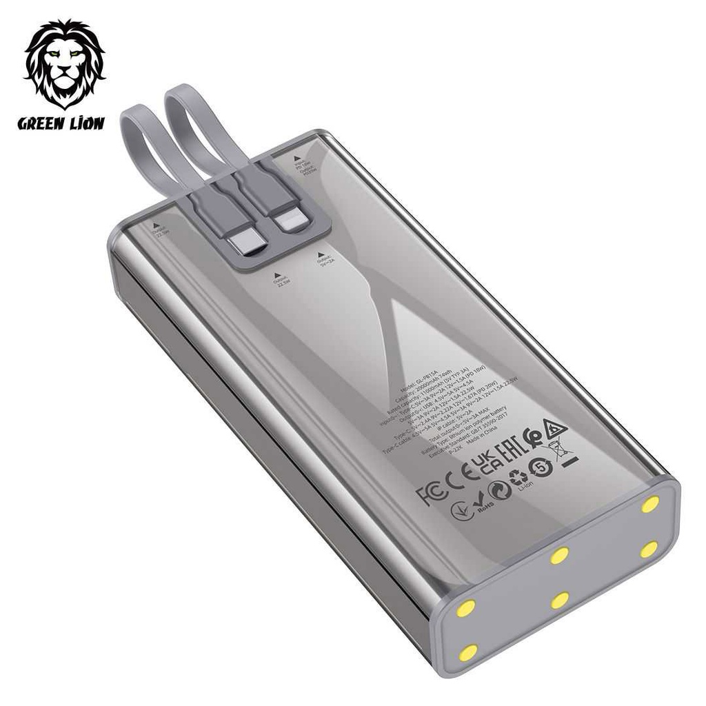 Green Lion Transparent 2 Power Bank with Integrated Cables 20000mAh PD 20W - Gray