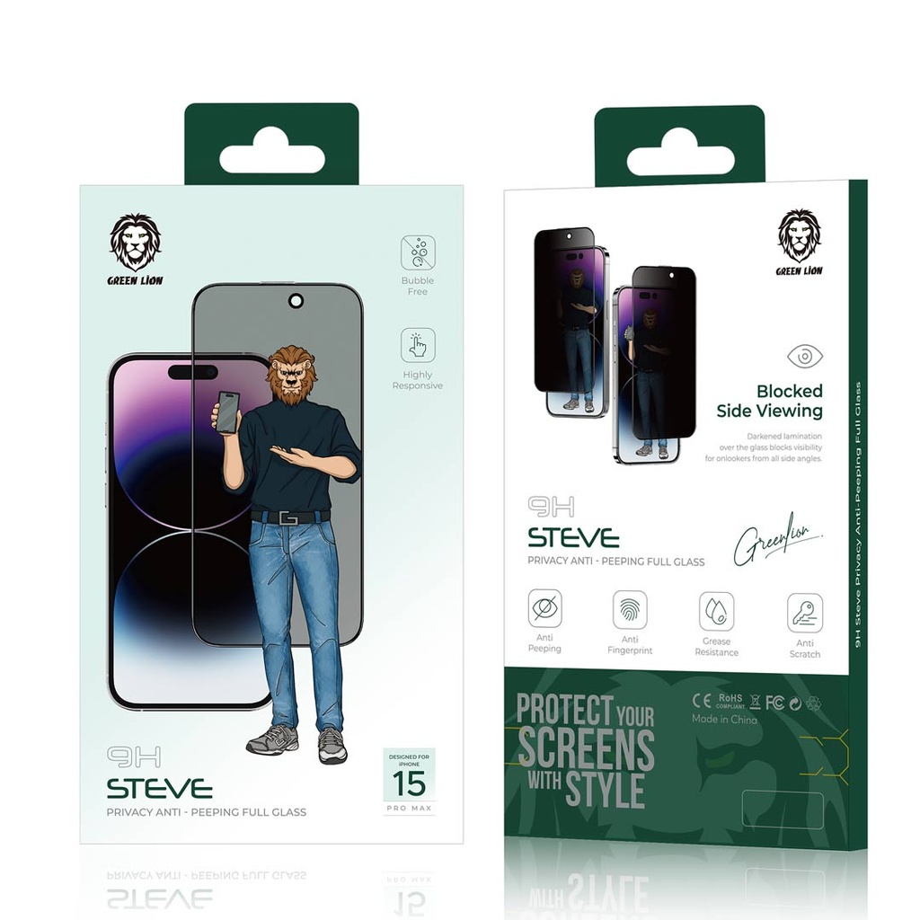 Green Lion 9H Steve Privacy Screen Protector for iPhone 15 Series - Black