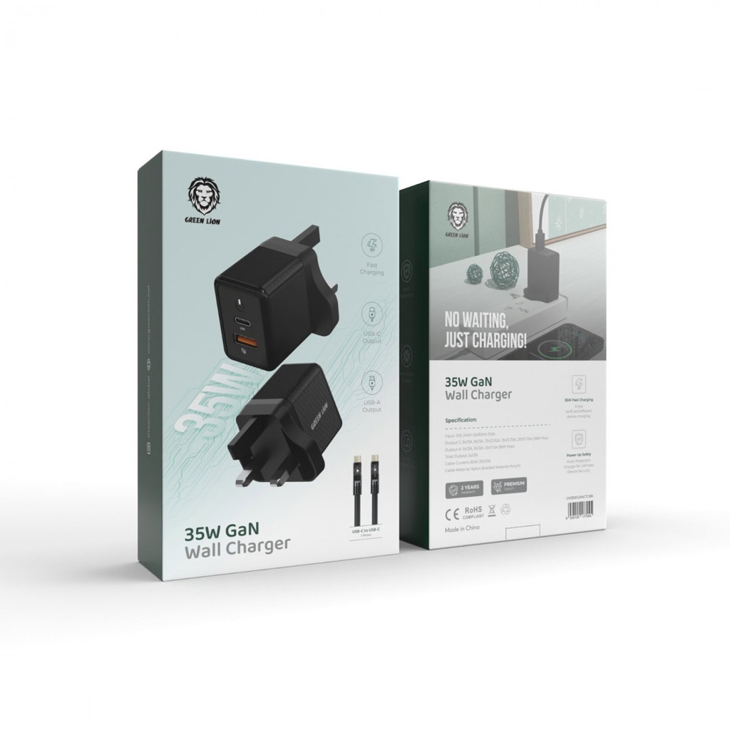 Green Lion 35W Gan Wall Charger with C to C Cable - Black