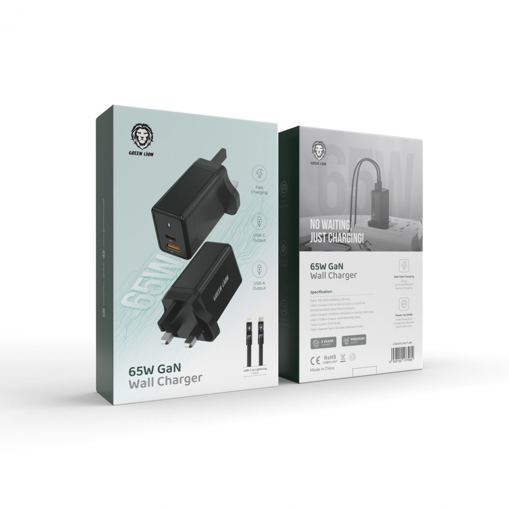 Green Lion 65W Gan Wall Charger with C to L Cable - Black