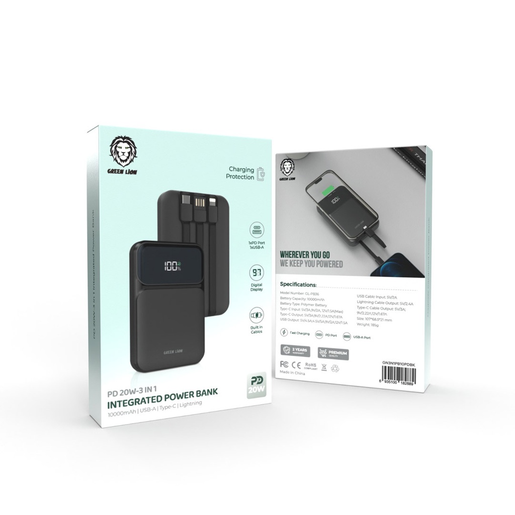 Green Lion 3 in 1 Integrated Power Bank 10000mAh PD 20W - Black