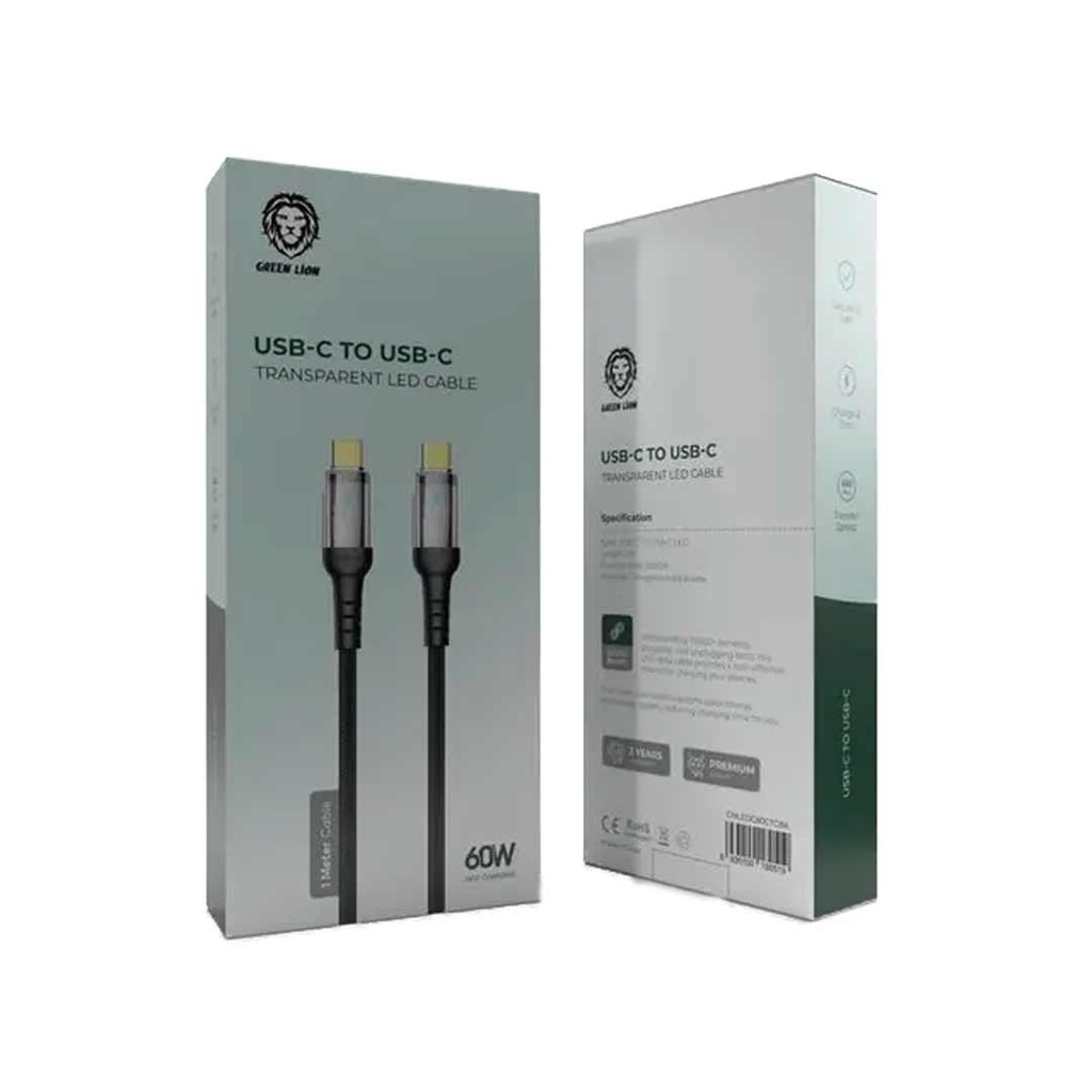 Green Lion Charger & Cable Transparent LED Cable 60W TypeC To TypeC Black [GNLEDC60CTCBK]