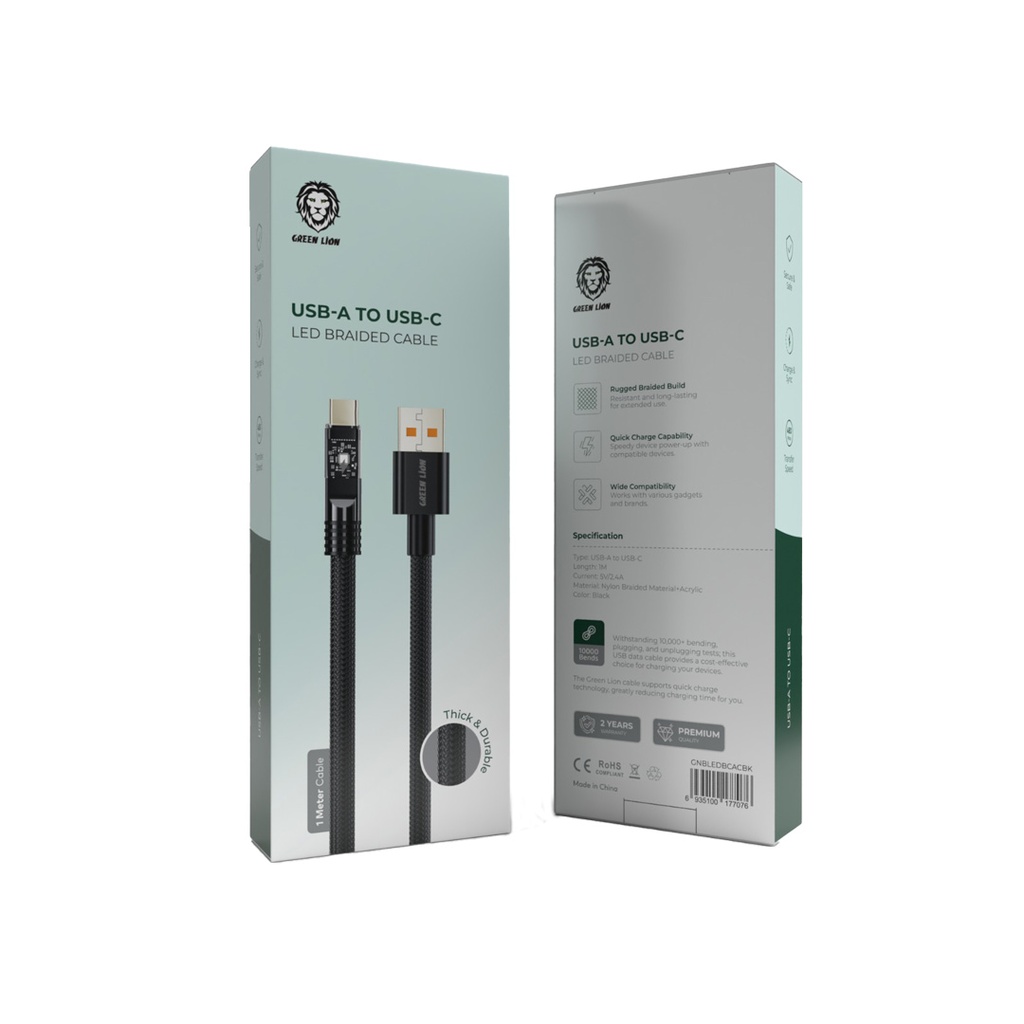 Green Lion Charger & Cable Led Braided Cable Usb A To Usb C 1Meter Black [GNBLEDBCACBK]