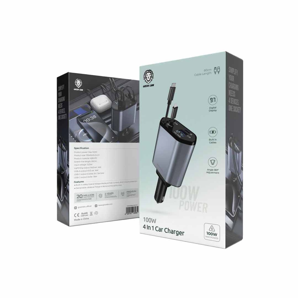Green Lion Charger & Cable 100W 4 In1 Car Charger Built In Cables Gray [GN120WINTDCCGY]