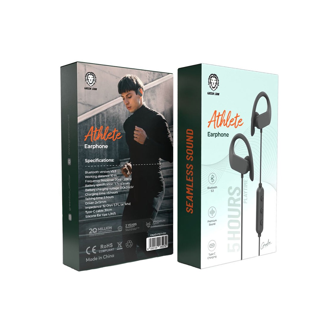 Green Lion Earbuds & Headphones Green Lion Athlete Earphone Bluetooth 5.3 Black [GNATHTEPHBK]