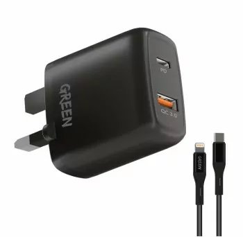 Dual USB Port Wall Charger PD+QC3.0 20W UK with PVC Type-C to Lightning Cable 1.2M