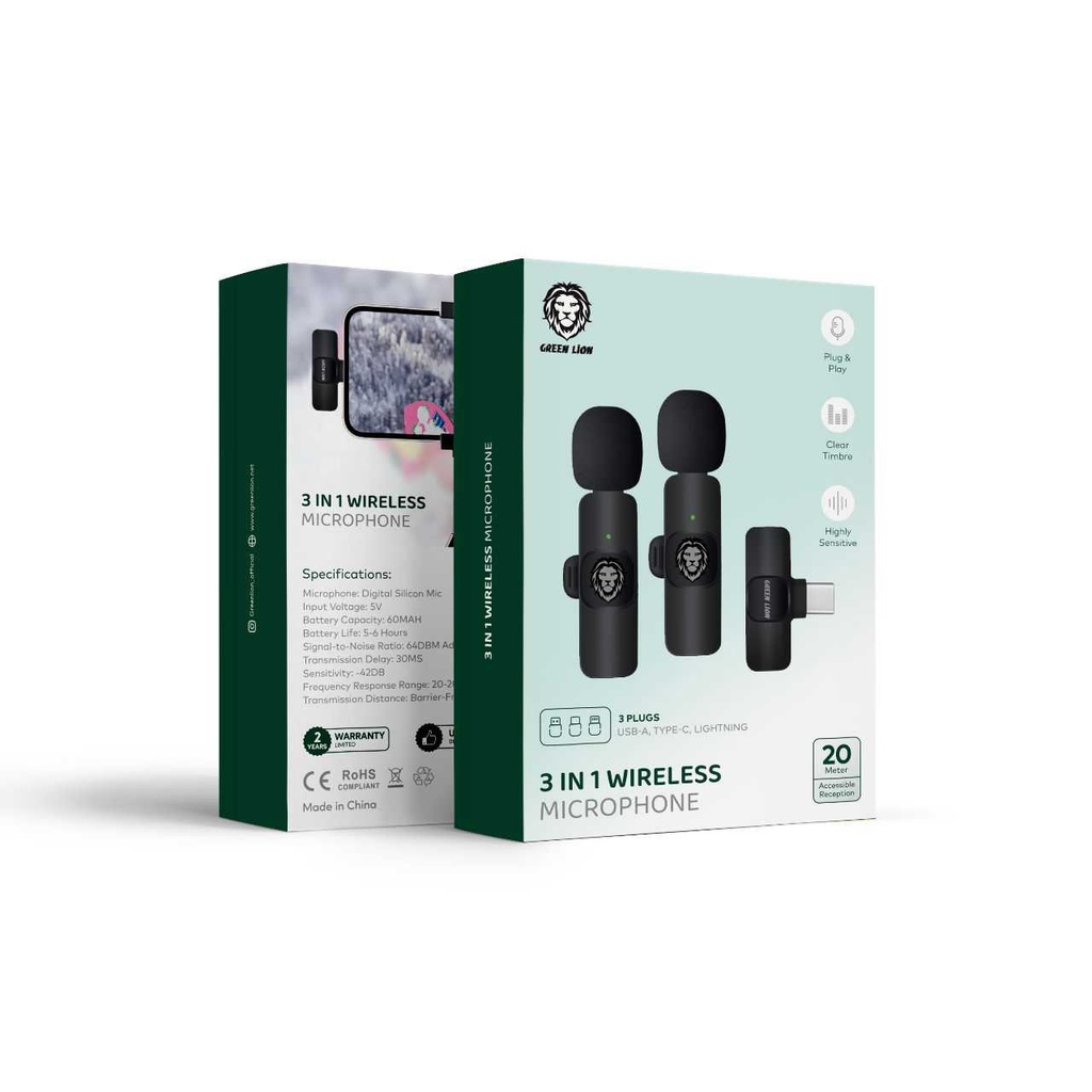 Green Lion 3 in 1 Wireless Microphone - Black