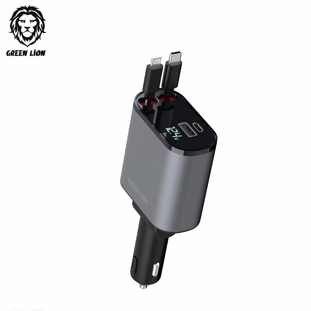 Green Lion Integrated Car Charger with Retractable Cables 38W - Gray