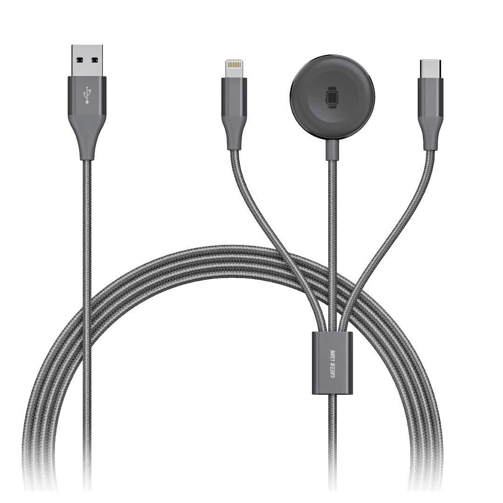 Green Lion 3 in 1 Charging Cable 1.2M 2.4A (Lightning/iWatch Charger/Type-C) - Black