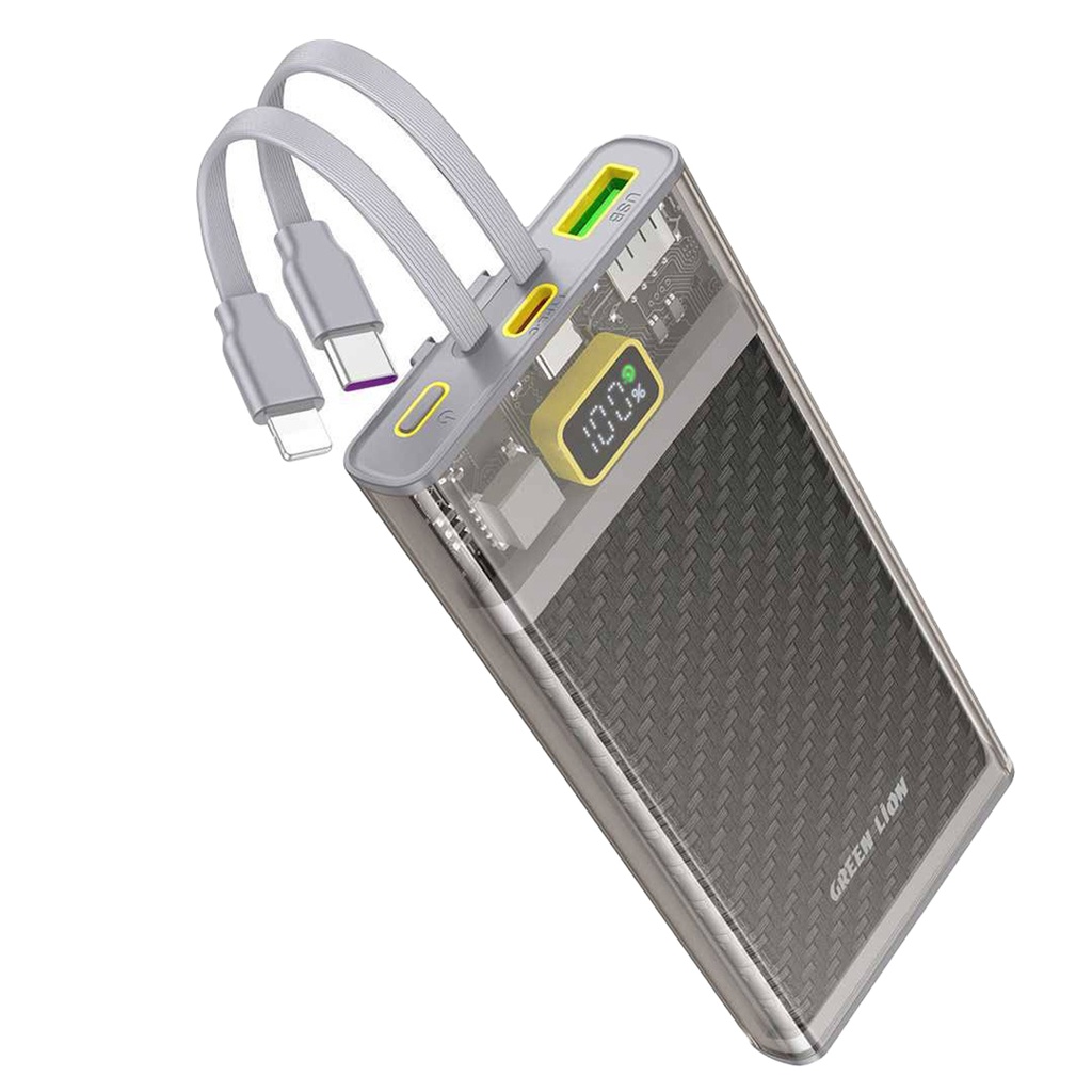 Green Lion Transparent 2 Power Bank with Integrated Cables 10000mAh PD 20W - Gray