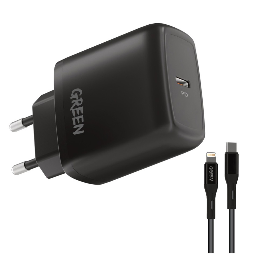 Green Type-C Port Wall Charger 20W EU with PVC Type-C to Lightning Cable 1.2M - Black