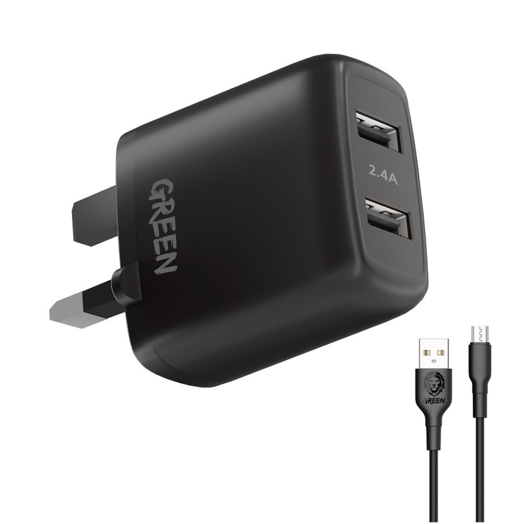 Green Dual USB Port Wall Charger 12W UK with PVC Micro USB Cable 1.2M - Black