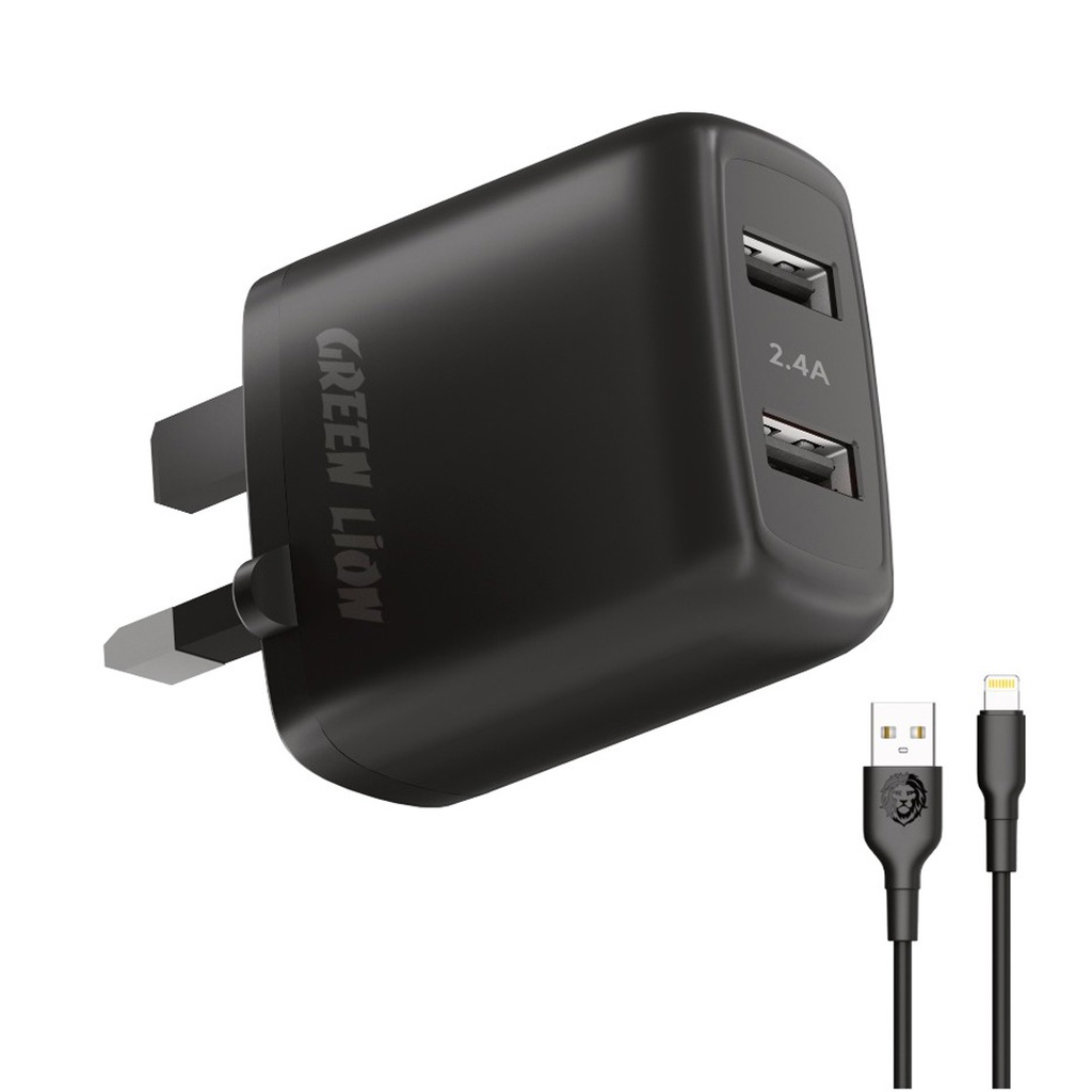 Green Dual USB Port Wall Charger 12W UK with PVC Lightning Cable 1.2M - Black