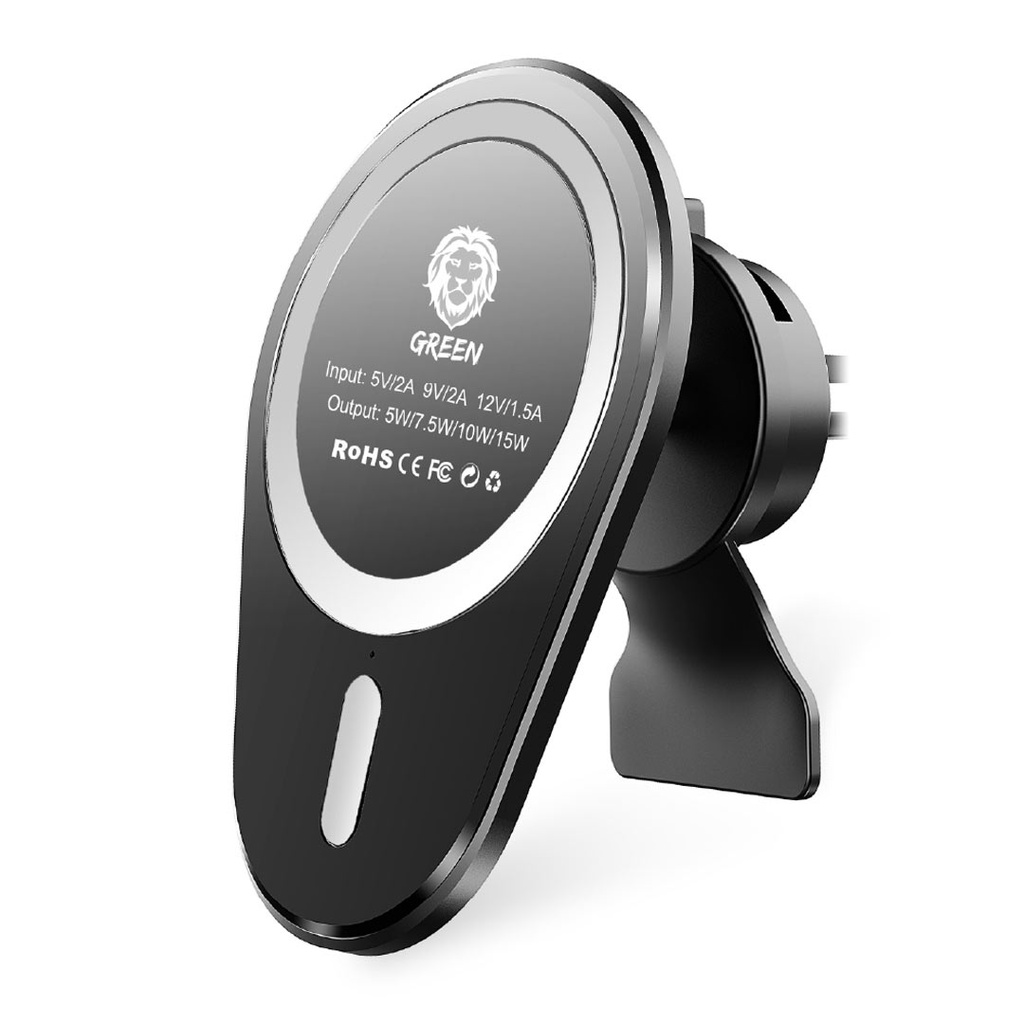 Green Wireless Magnetic Car Charger / Mount 15W ( Air Vent + Stick-on-Holder ) - Black