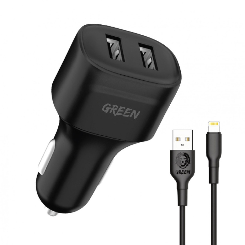 Green Dual Port Car Charger 12W with PVC Lightning Cable 1.2M - Black